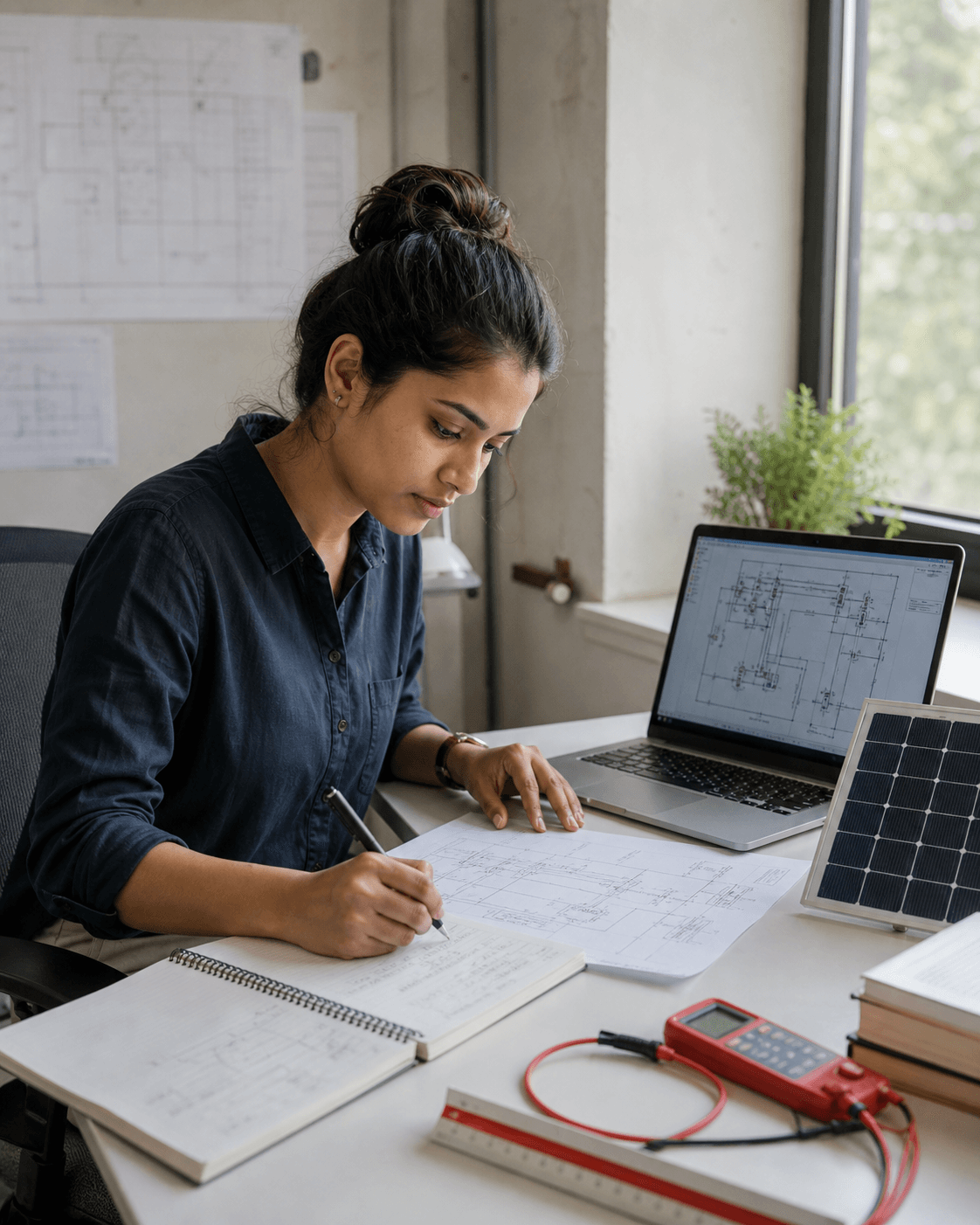 A solar engineer studying an electrical design at her workspace