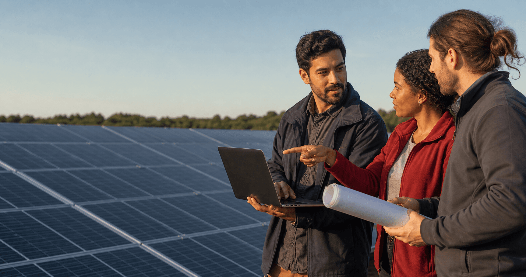 Solar engineers reviewing a photovoltaic project together in the field