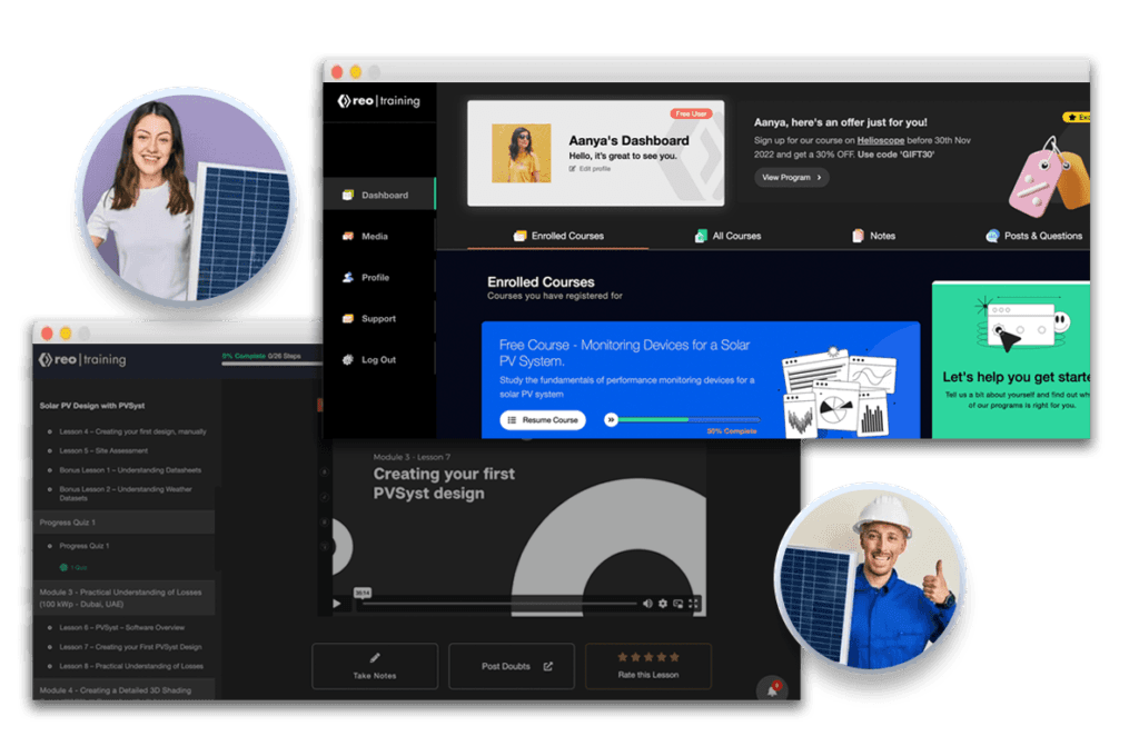 Reo student dashboard with enrolled courses and course player